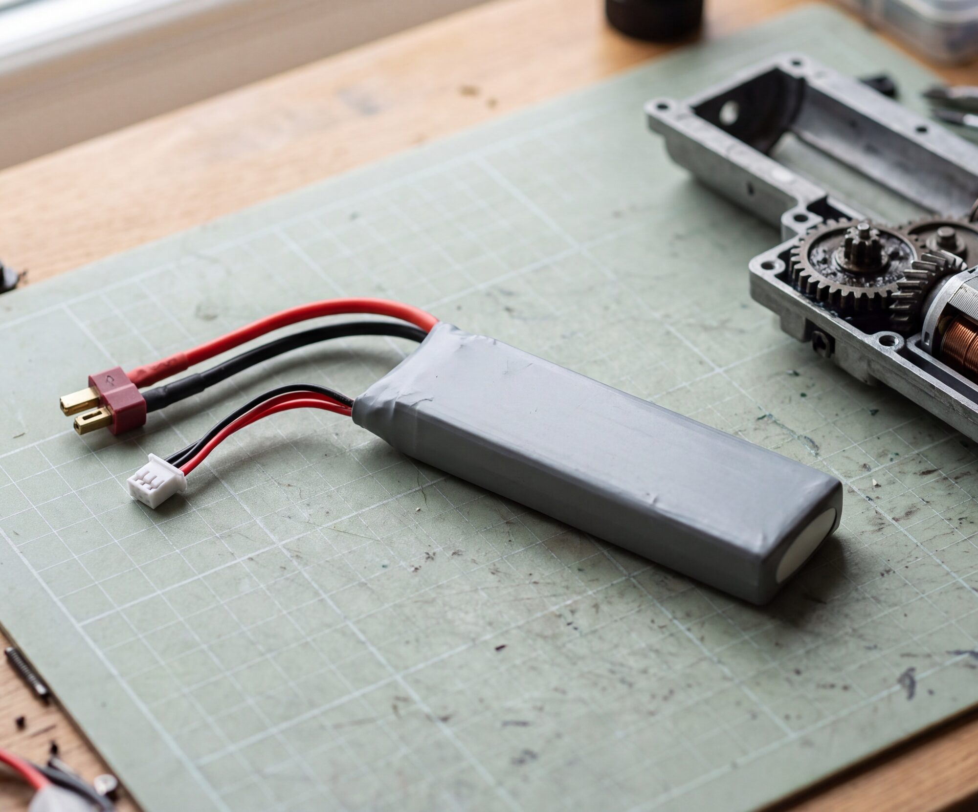 Pacco batteria Li-Po per softair con connettore T-plug e presa di bilanciamento su un tappetino da banco, accanto a un gear-box aperto
